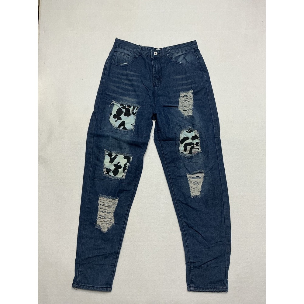 Misslook Womens Cow Print Patchwork Distressed Straight Leg Y2K Jeans Blue M